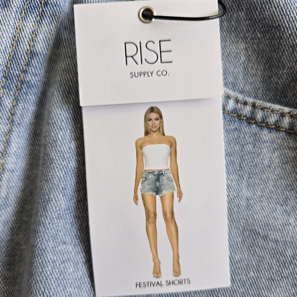Rise Light Wash Blue Distressed Denim Festival Shorts Size 5 — image 7 of 8